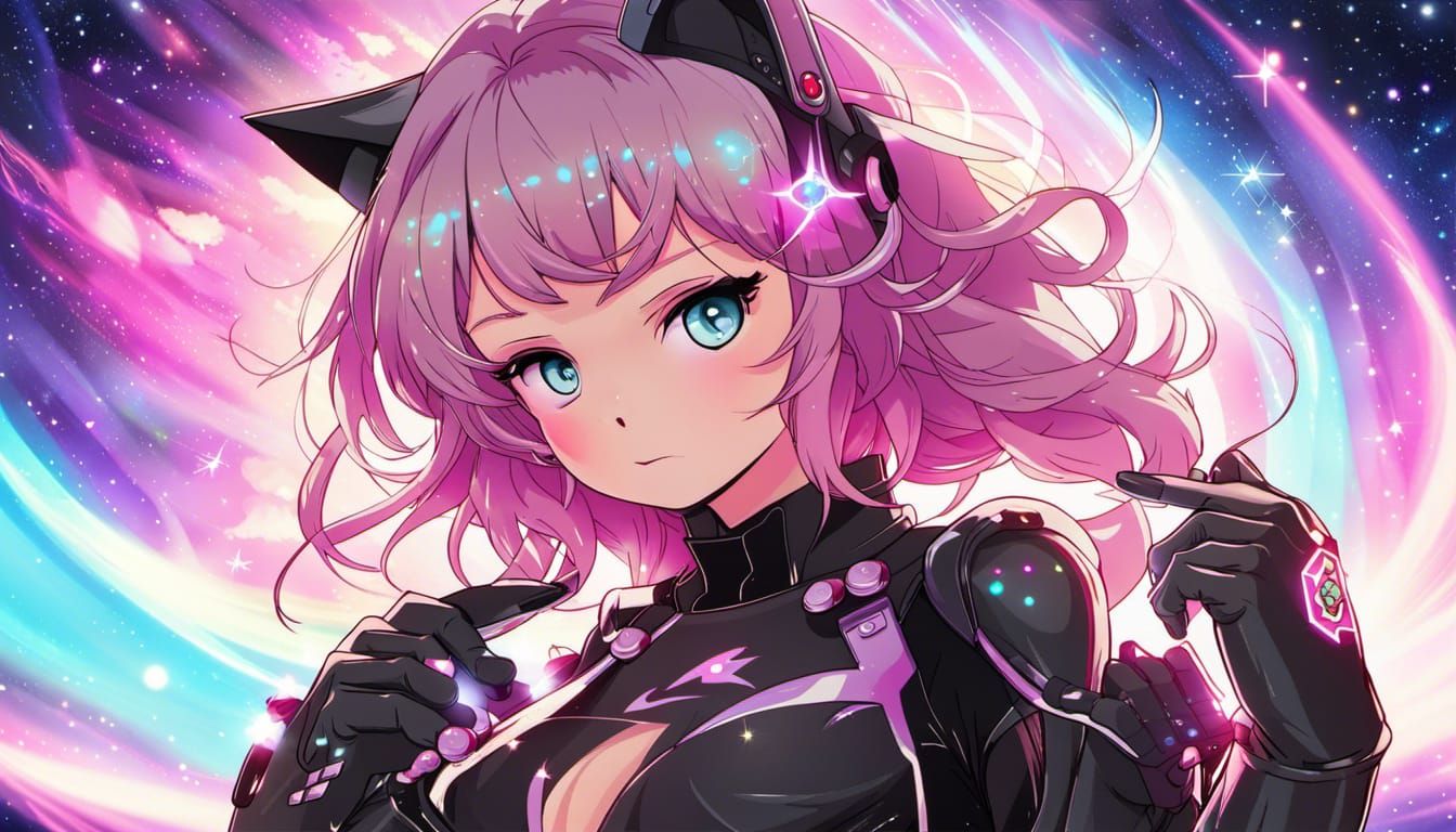 Catgirl Biker in Synthwave Starscape Anime Art