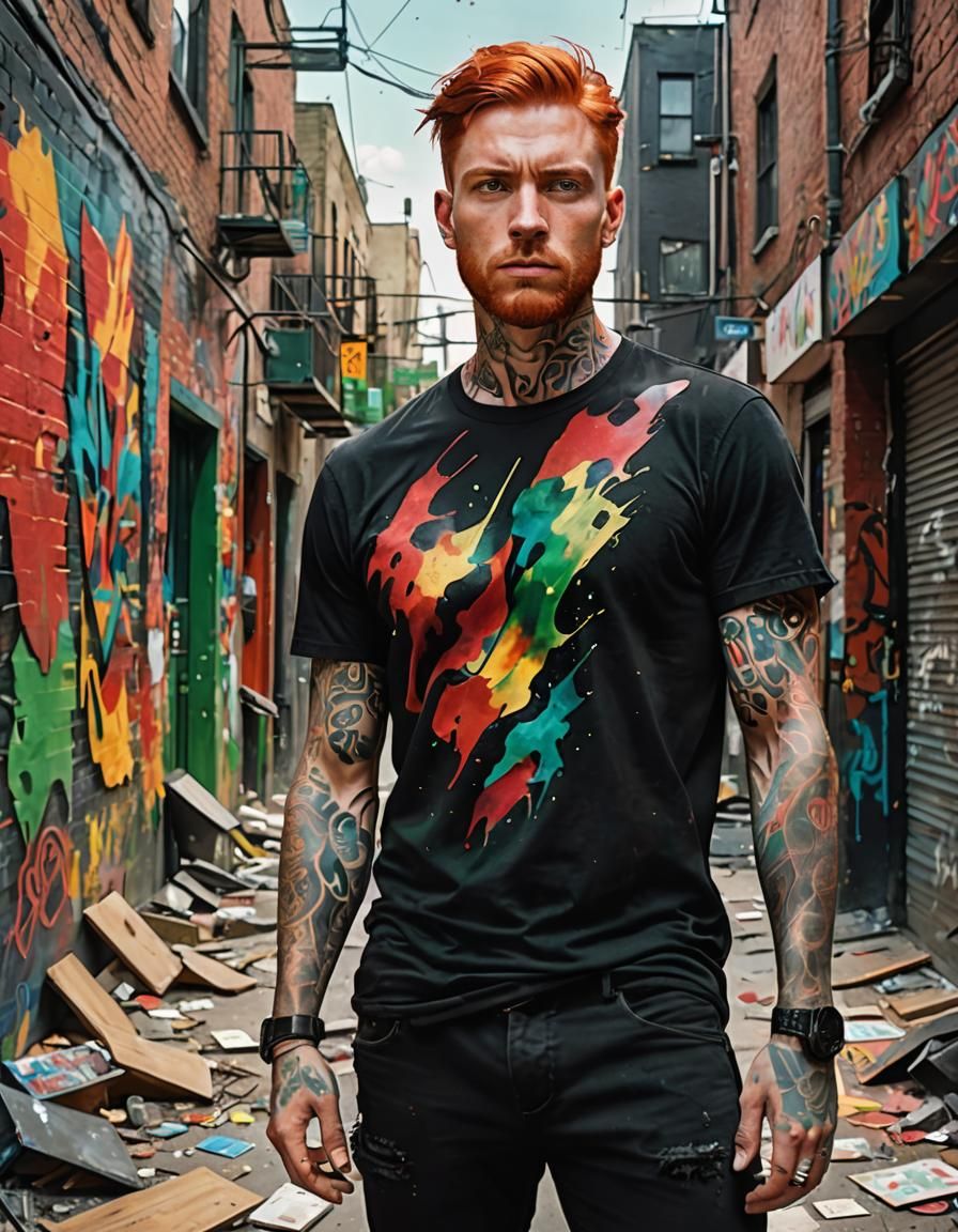 Man with Tattoos in Colorful Street Art, Splash Art