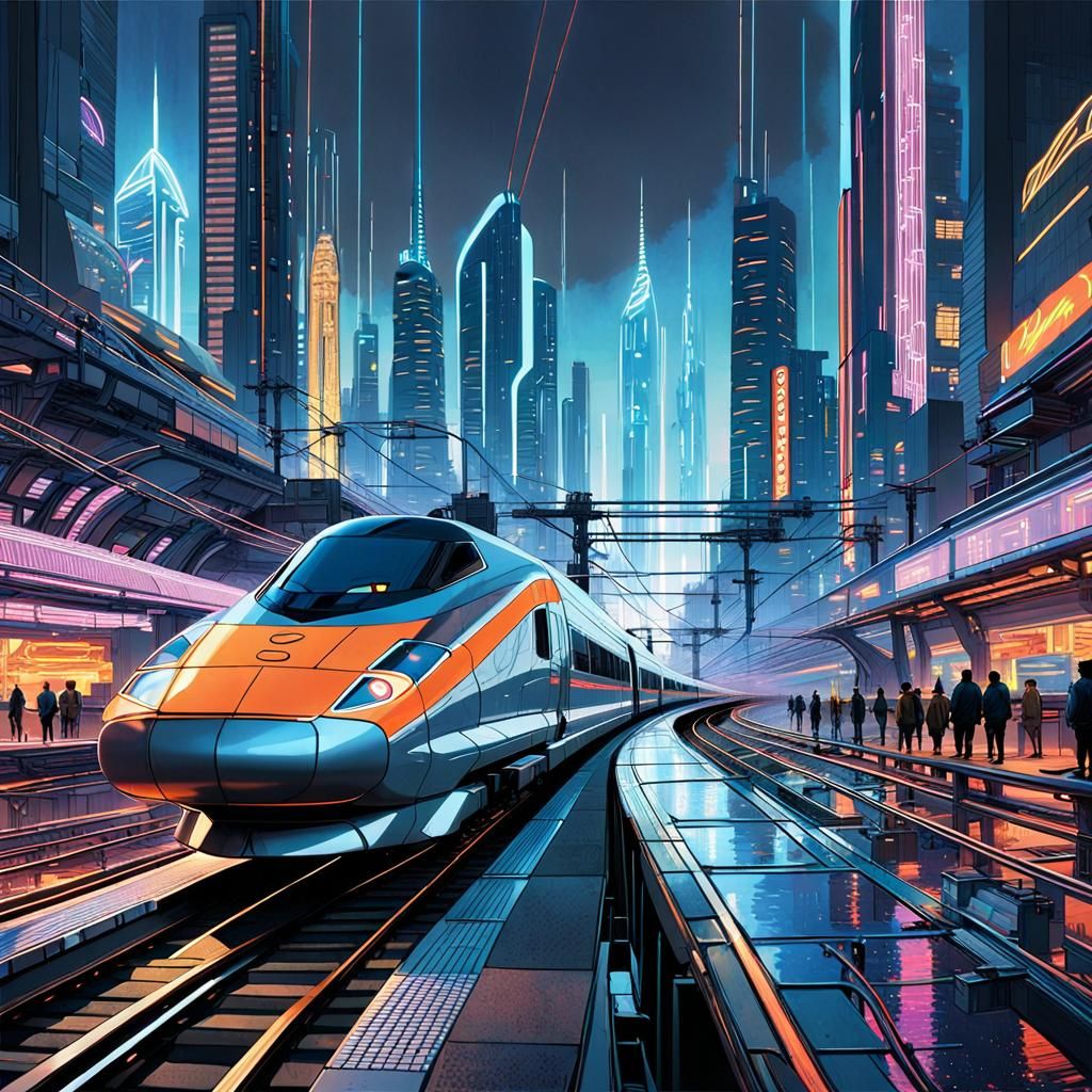 Futuristic Bullet Train in Cyberpunk Cityscape