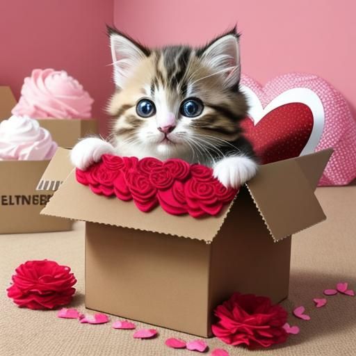 Cute Valentine Kitten Playing with Box