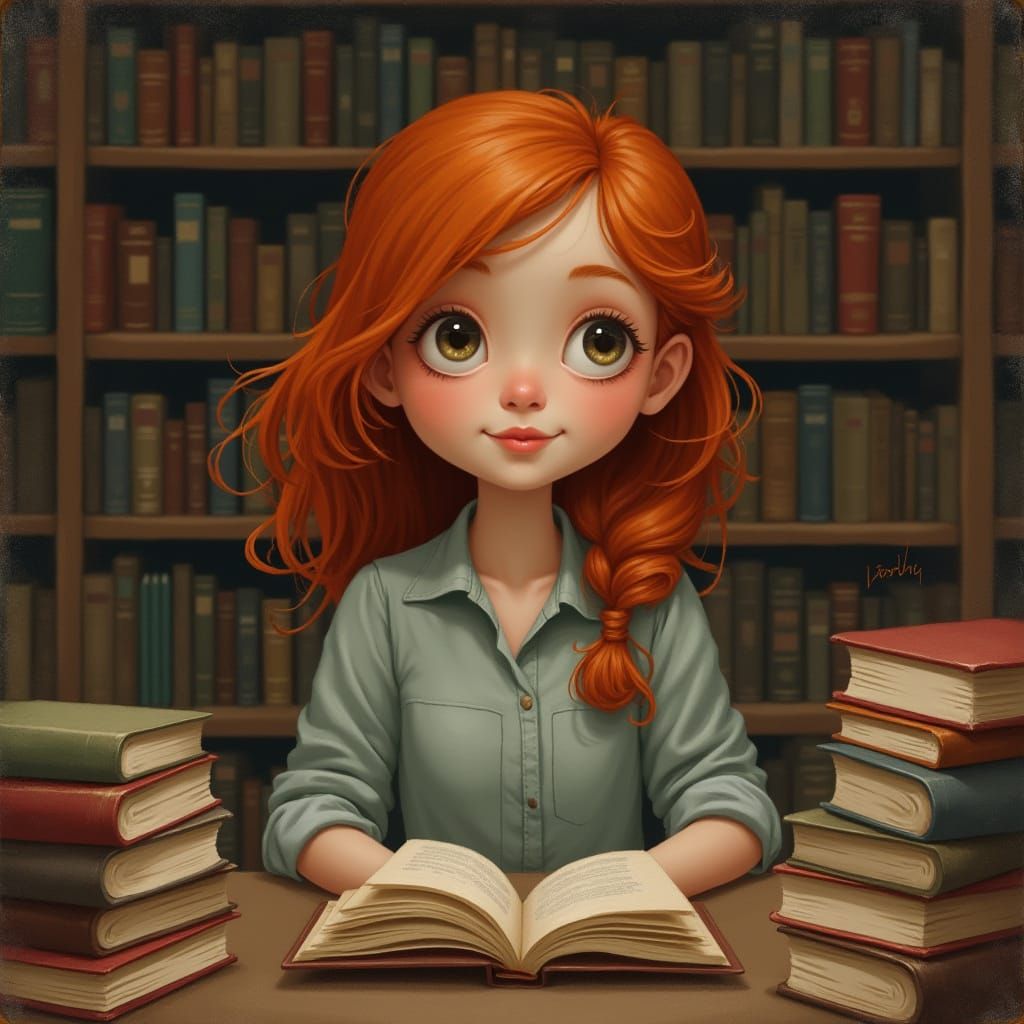 Red-Haired Librarian in Cozy Library, Whimsical Art