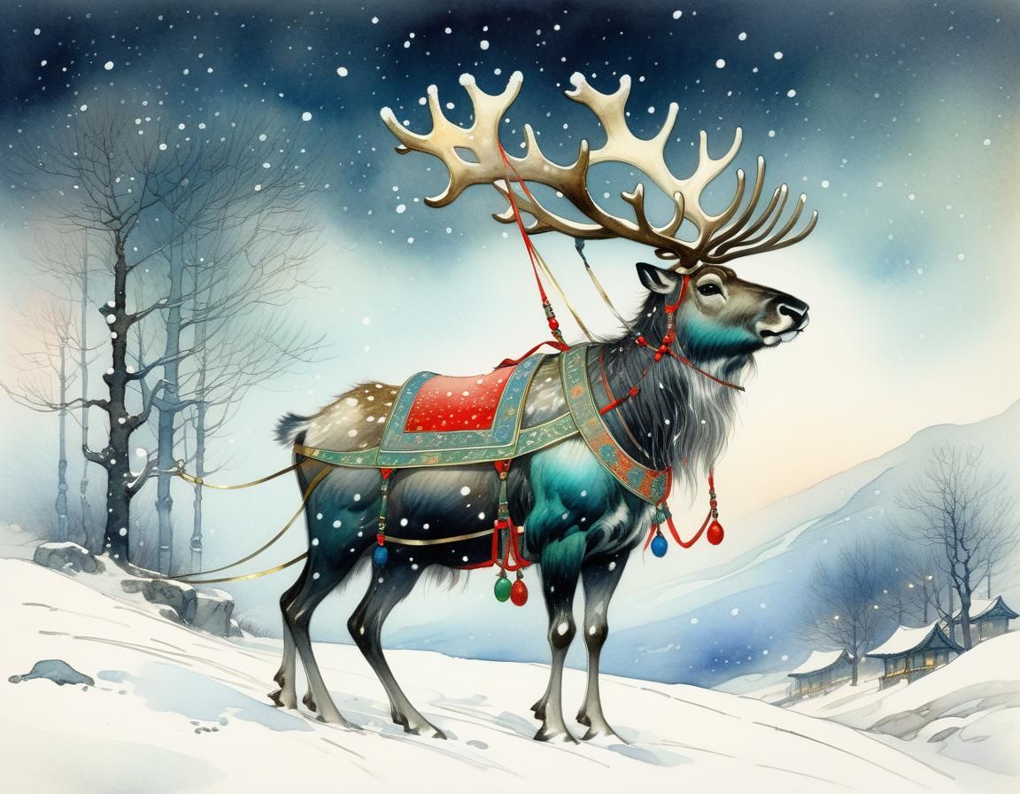 Golden Reindeer Harness in Snowy Night, Watercolor Style
