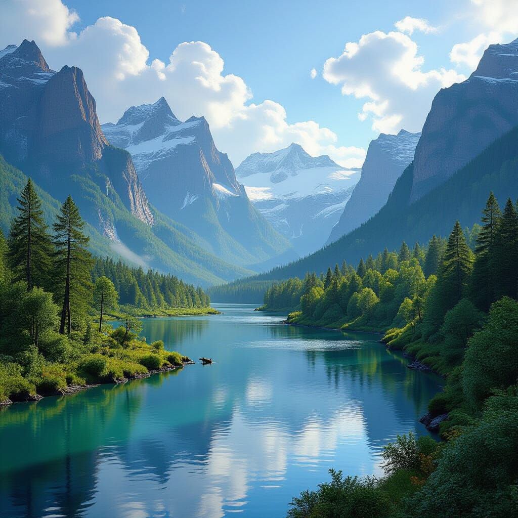 Majestic Mountain River and Lush Forest Landscape
