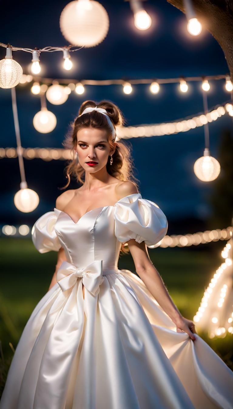 Woman in Satin Gown in Warmly Lit Meadow