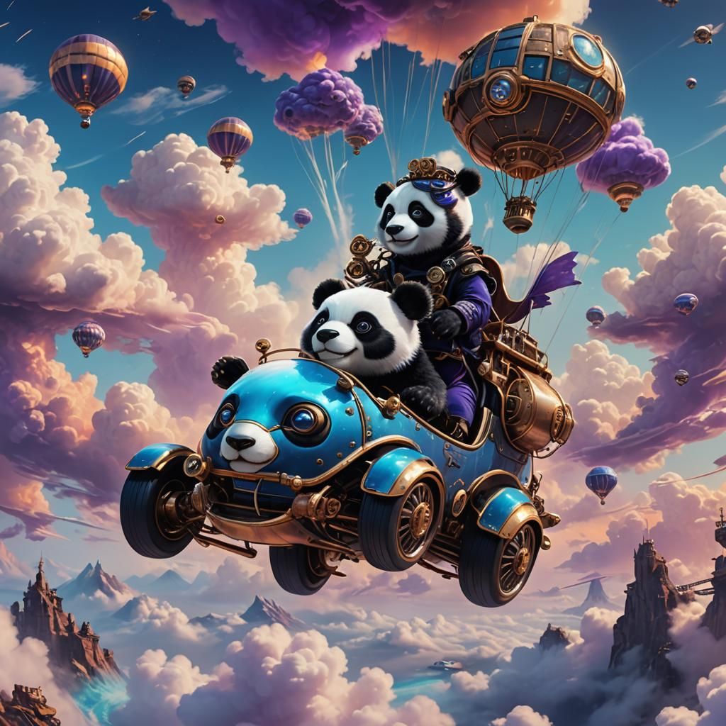 Steampunk Panda Bear Rides Flying Car in Neon Fantasy