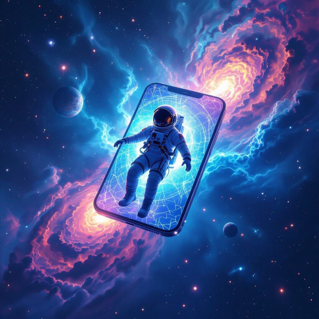 Astronaut Adrift with Glowing Smartphone in Cosmic Circuitry