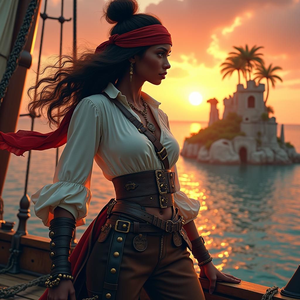 Stunning Black Female Pirate on Tropical Island