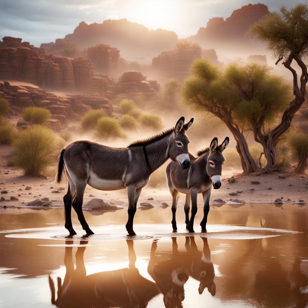 Wild Donkeys at Desert Waterhole: Digital Matte Painting