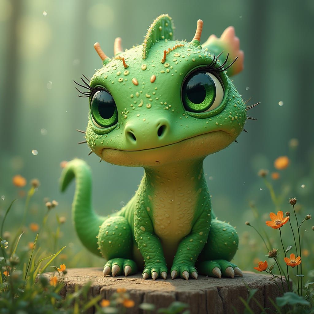 Cute Green Dragon Cub in Fantasy Style