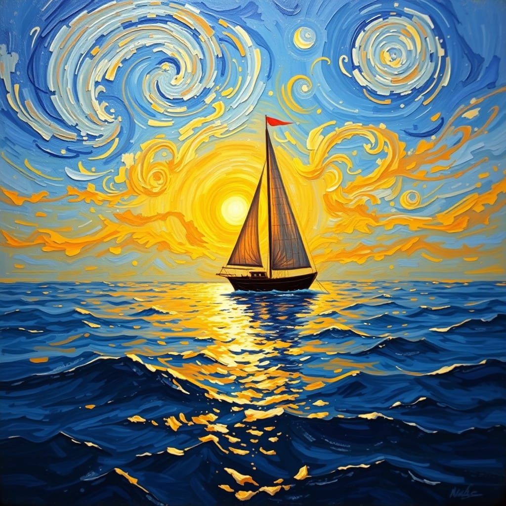 Vincent van Gogh-Style Sailboat at Sunset with Impressionist...