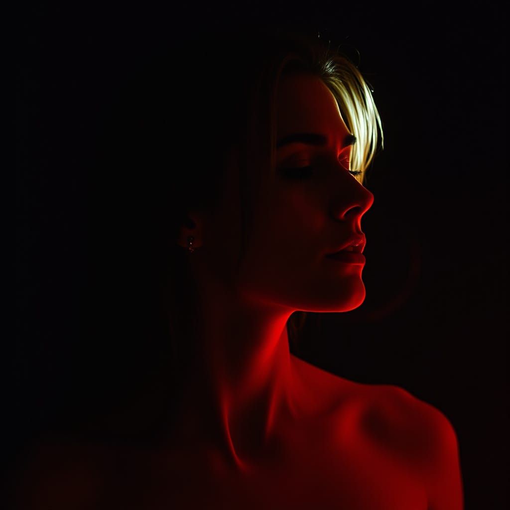 Minimalist Red and White Woman Silhouette with Black Backgro...