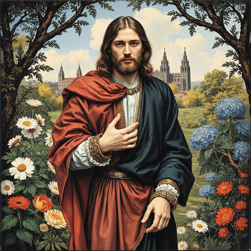 Adam in Renaissance Garden, Split Image in Art Style