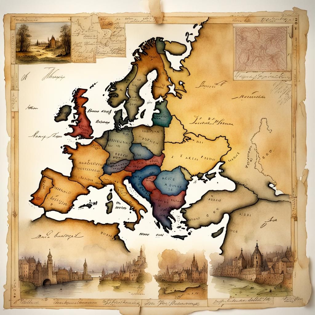 Detailed 19th Century Europe Map in Watercolor
