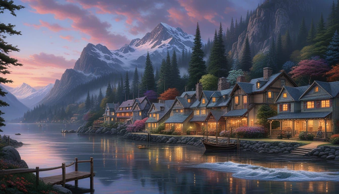 Thomas Kinkade Style Landscape Painting