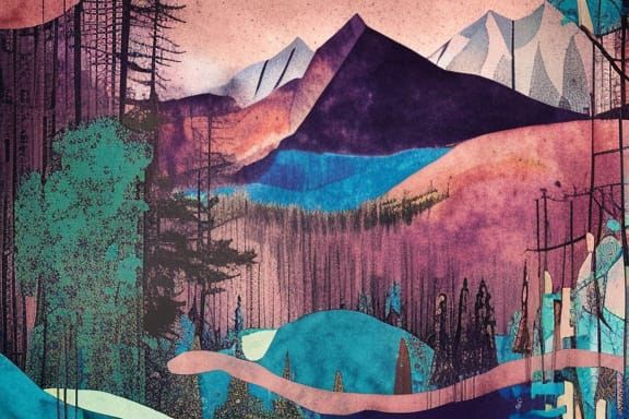 alpine forest collage, mixed technique, papercut, newspaper ...