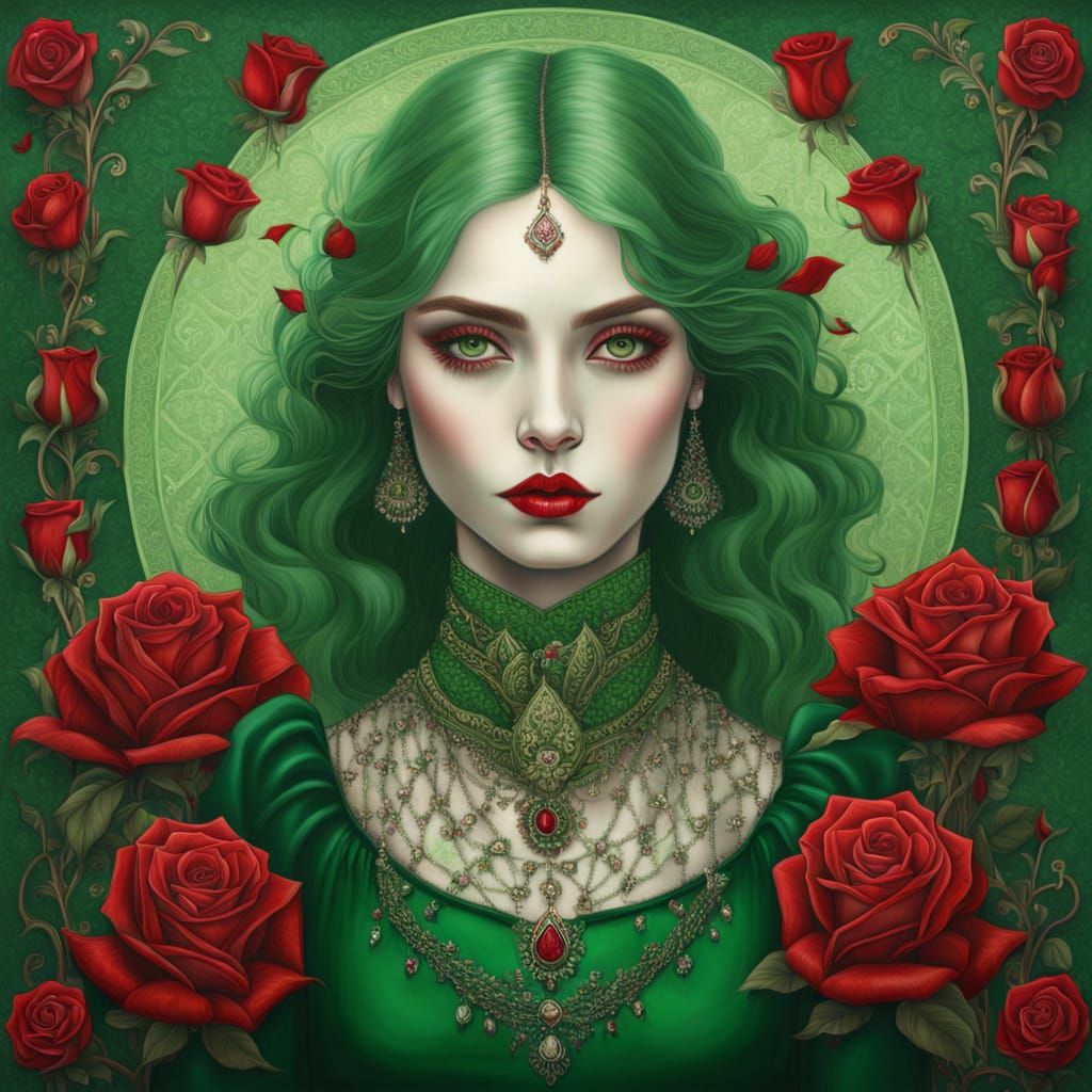 Whimsical Gothic Lady in Emerald Velvet with Red Roses
