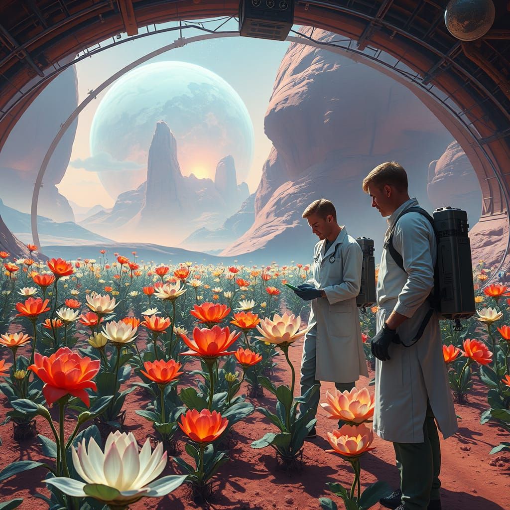 Futuristic Scientists in a Vibrant Mars Biodome