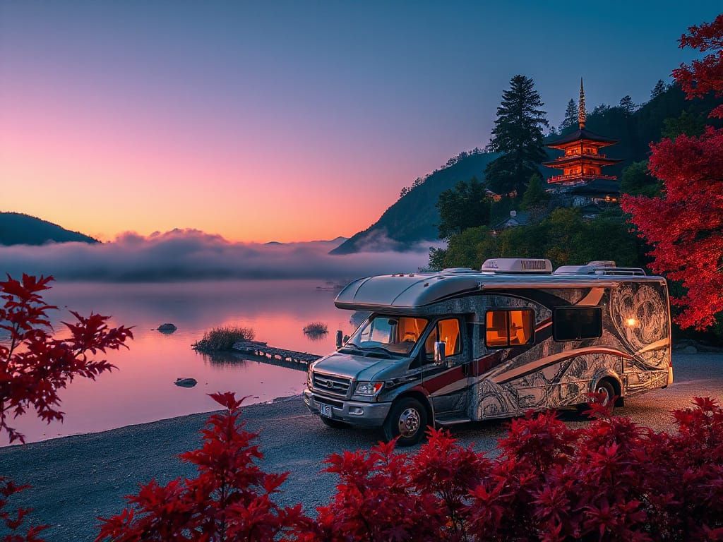 Luxury RV at Dawn in Japan: Ink Wash Airbrush Art