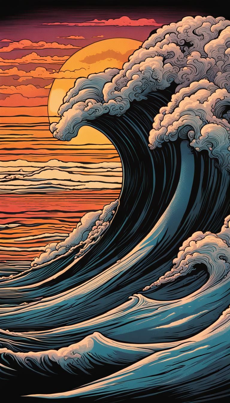 Sunset Wave Screen Print Illustration in Y2K Style