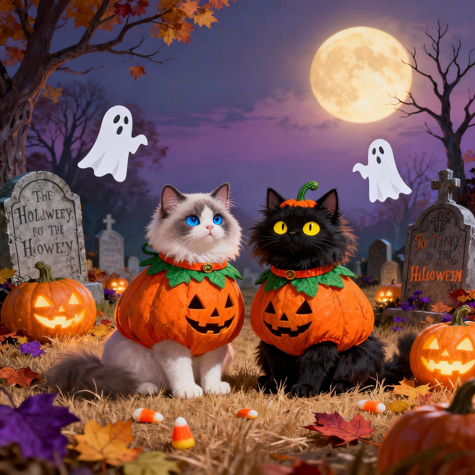 Adorable Cats in Pumpkin Costumes in Halloween Graveyard