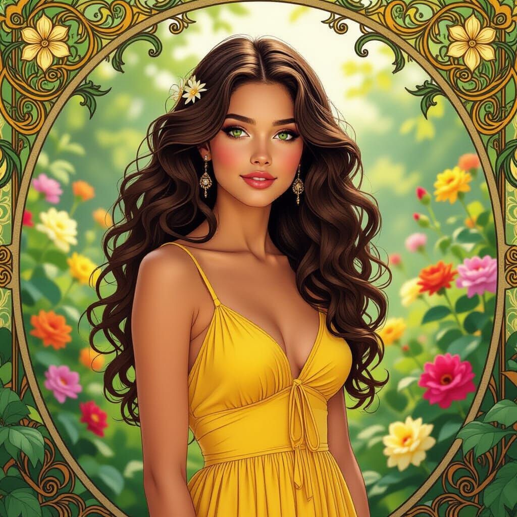 Eliana in a Flower Garden, Art Nouveau Style