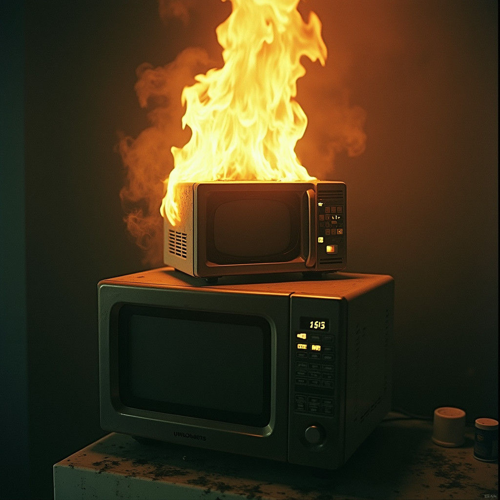 Flaming Head Microwave Smiles in Cinematic Dark Fantasy