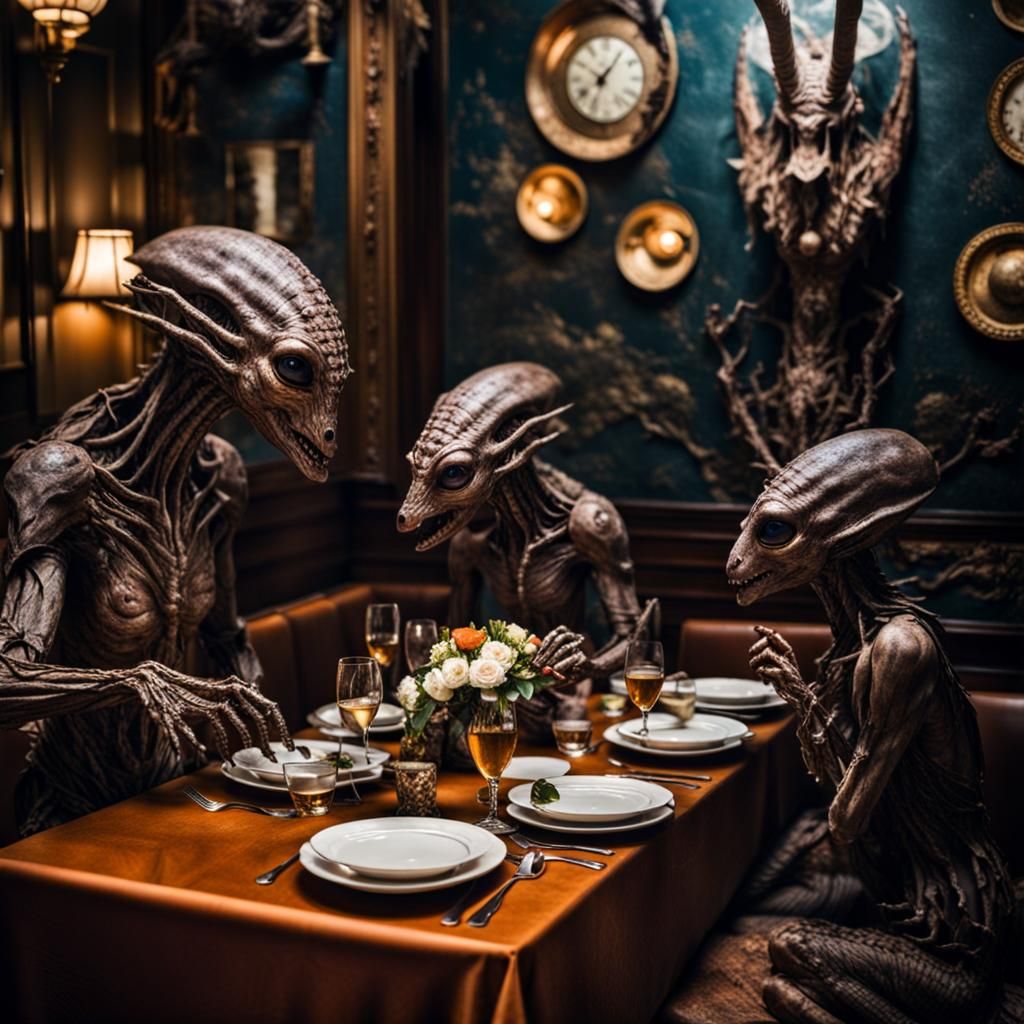 Surreal Restaurant Scene with Exotic Aliens