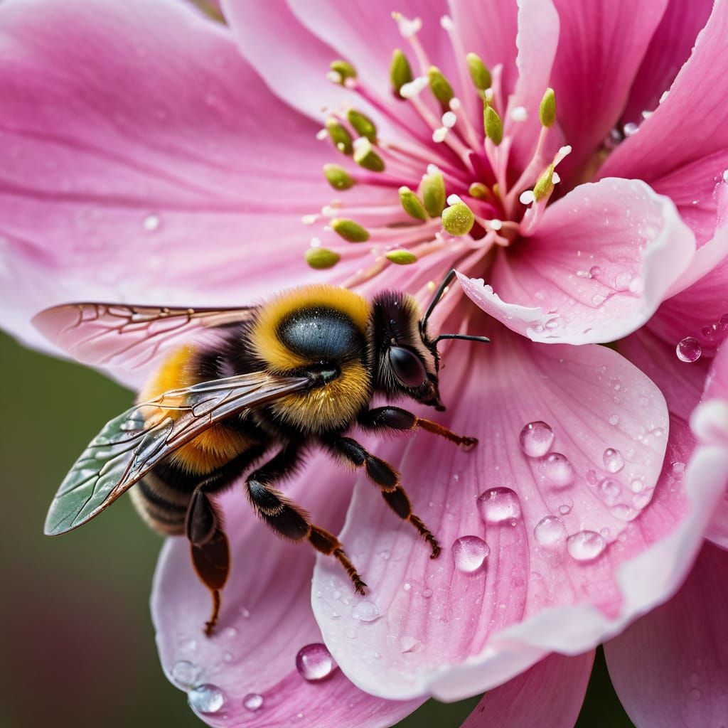 Dramatic Close-Up of Bumble Bee on Vibrant Pink Magnolia Blo...