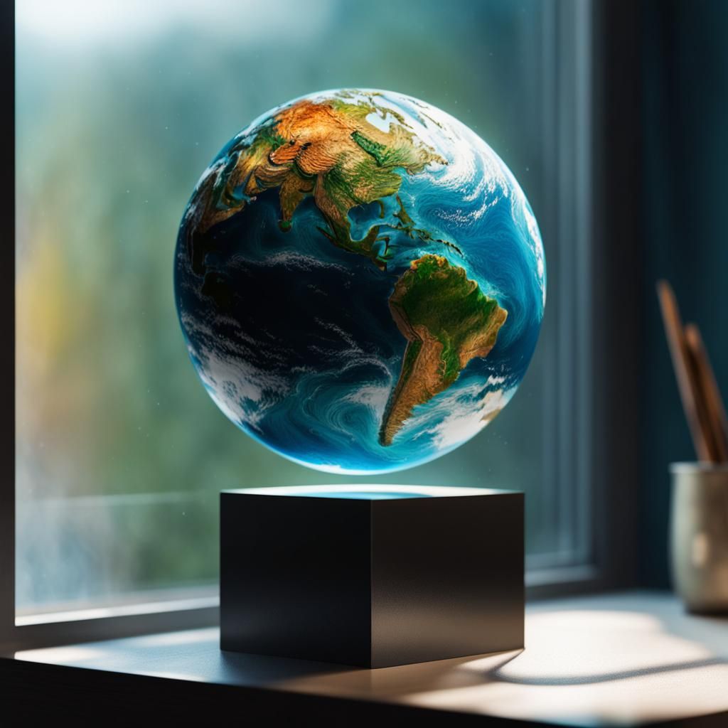 Hyperrealistic Miniature Earth on Window Shelf