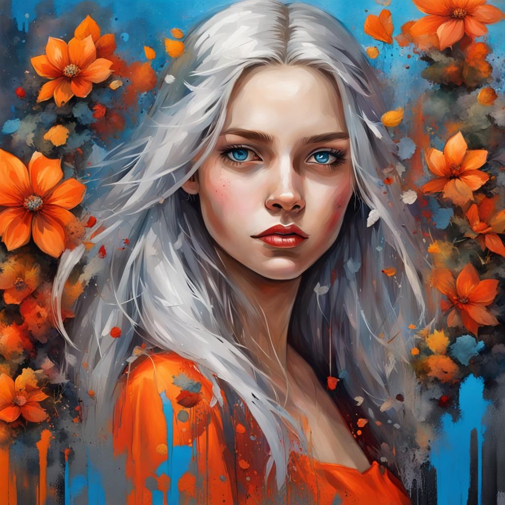 Silver Haired Girl in Fall Season, Graffiti Art Style