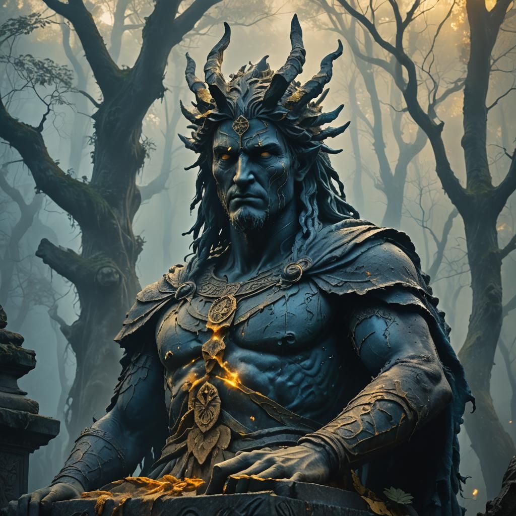 Ethereal Creature on Crumbling Statue in Misty Forest