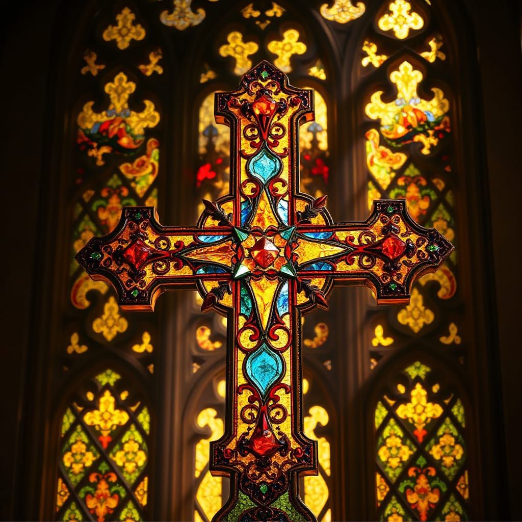 Epic Art Nouveau Stained Glass Mosaic of a Heraldic Cross