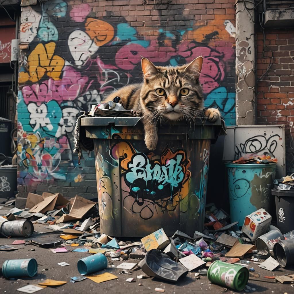 Detailed Painting of a Cat in a Graffiti Bin