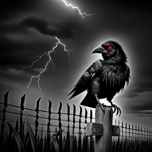 Red-Eyed Raven in Sinister Grayscale Cornfield