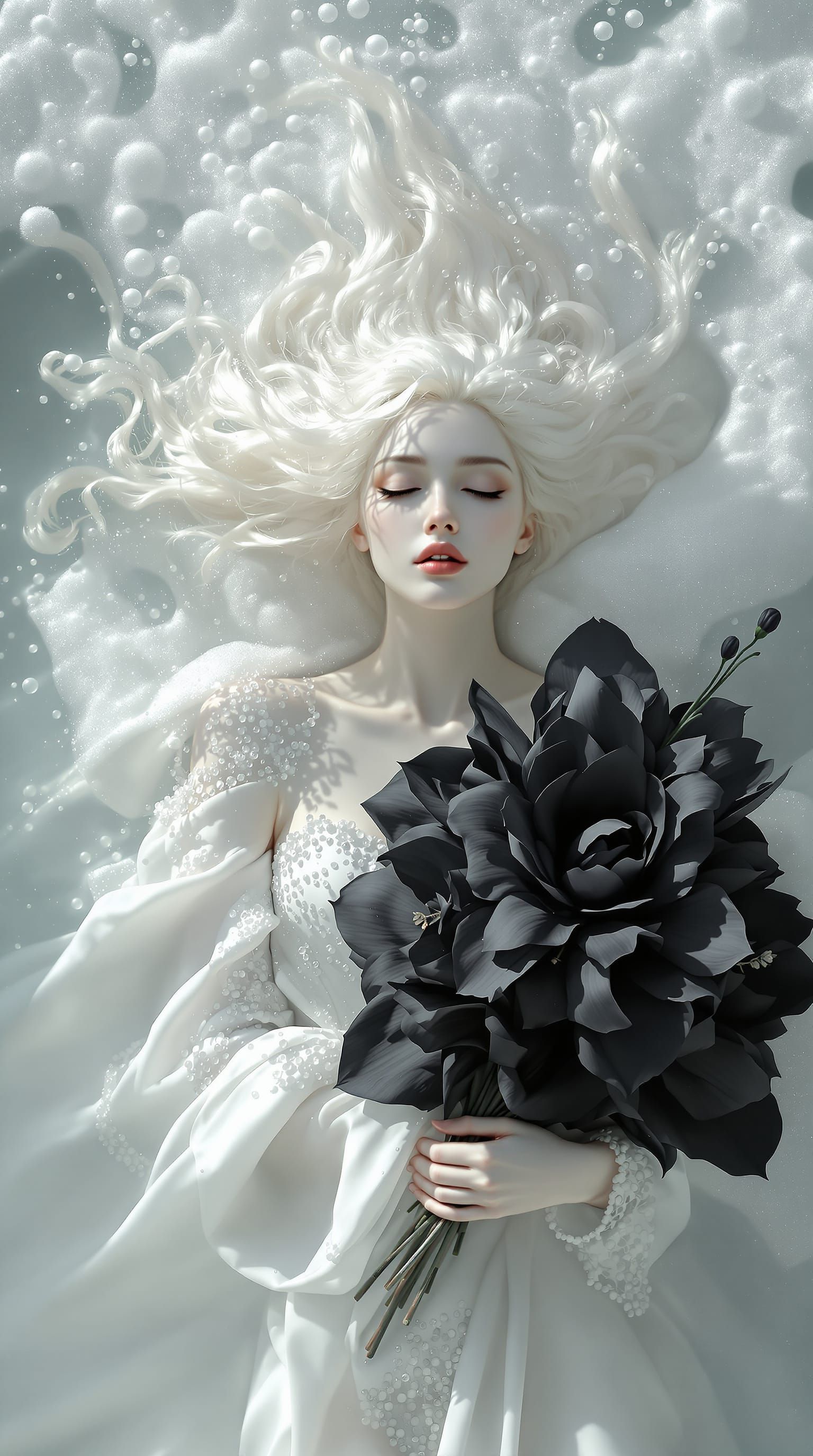 Weightless Woman With Black Flowers in Foam