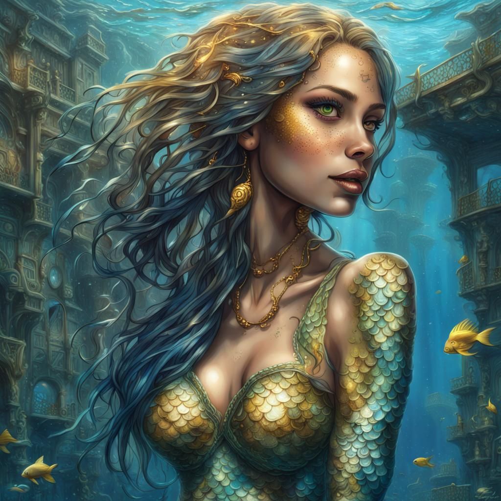 Mermaid Exploring Underwater City in Graffiti Art Style