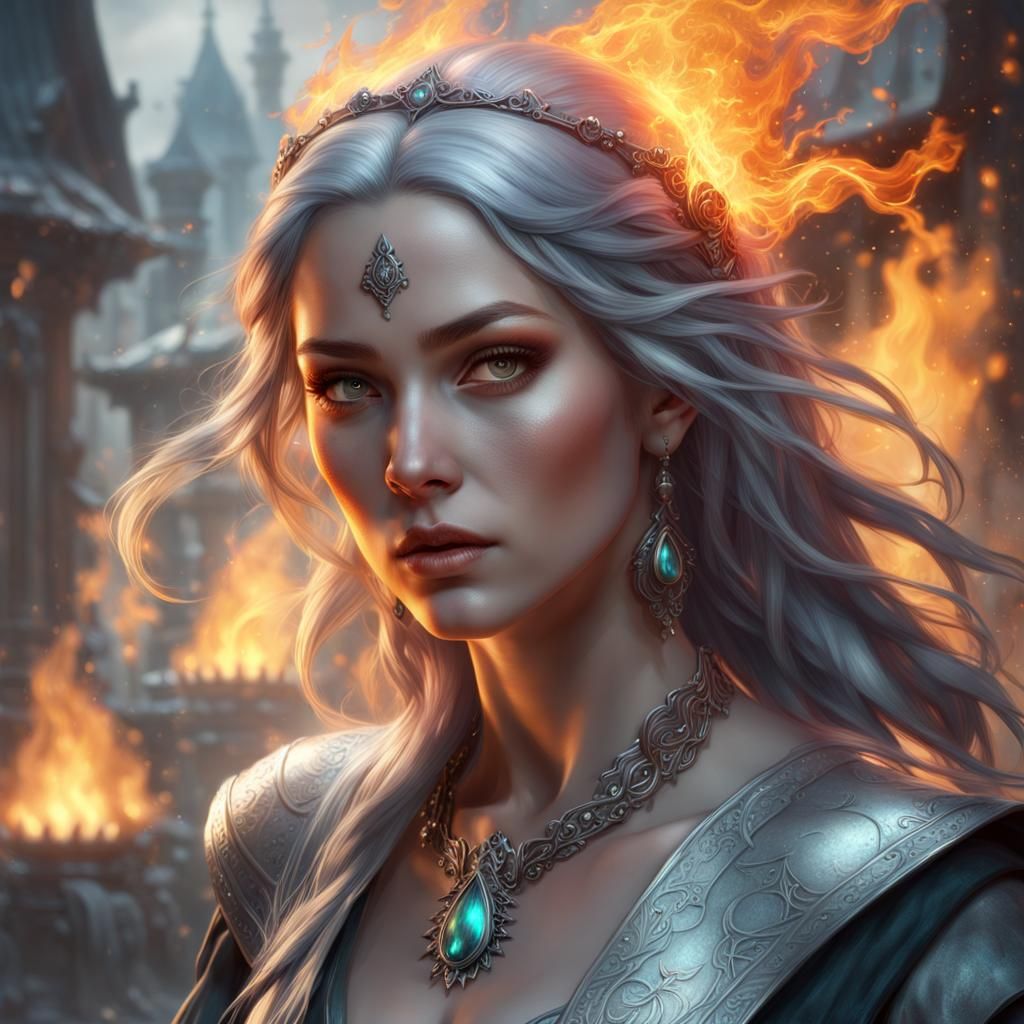 Silver Fire Witch Portrait in Ethereal Style