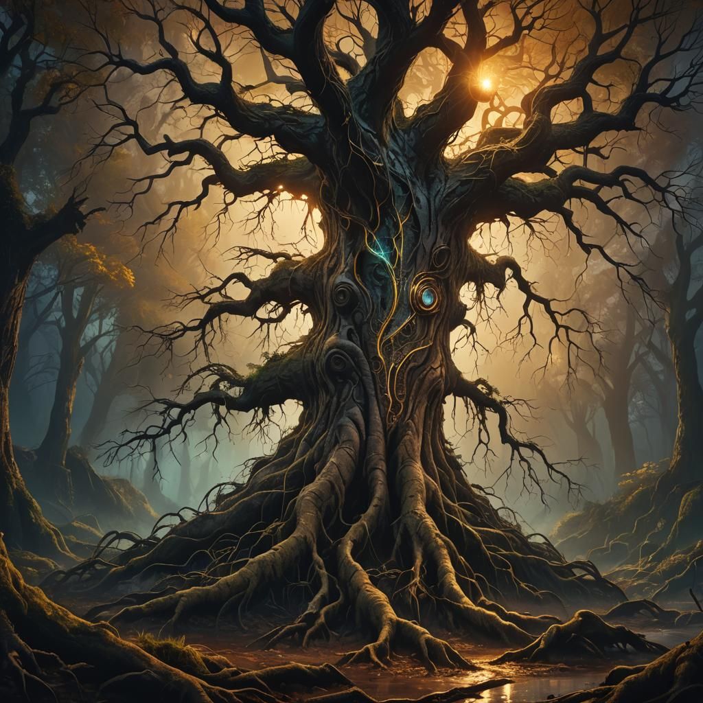 Mystical Tree of Life in Dark Forest, Art Nouveau Style