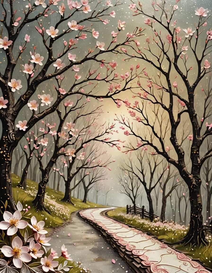Cherry Blossom Tree on Scrapbook Page in Mixed Media Art