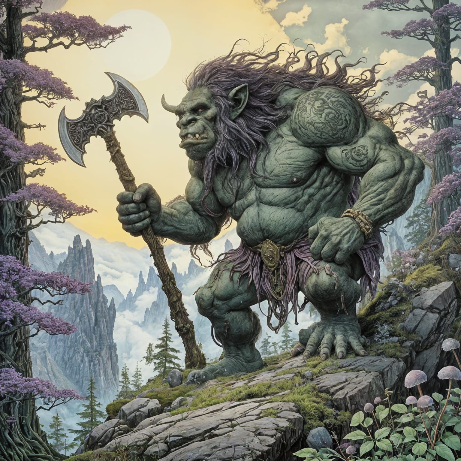 "A large fierce troll stands on top of a hill looking down at a misty valley" "The Troll holds a massive battle-worn axe...