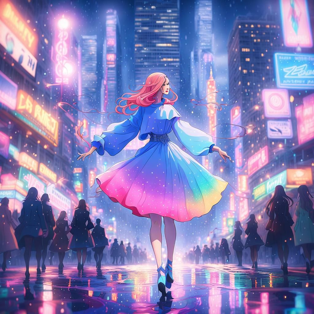 Anime Catgirl in Neon Cityscape