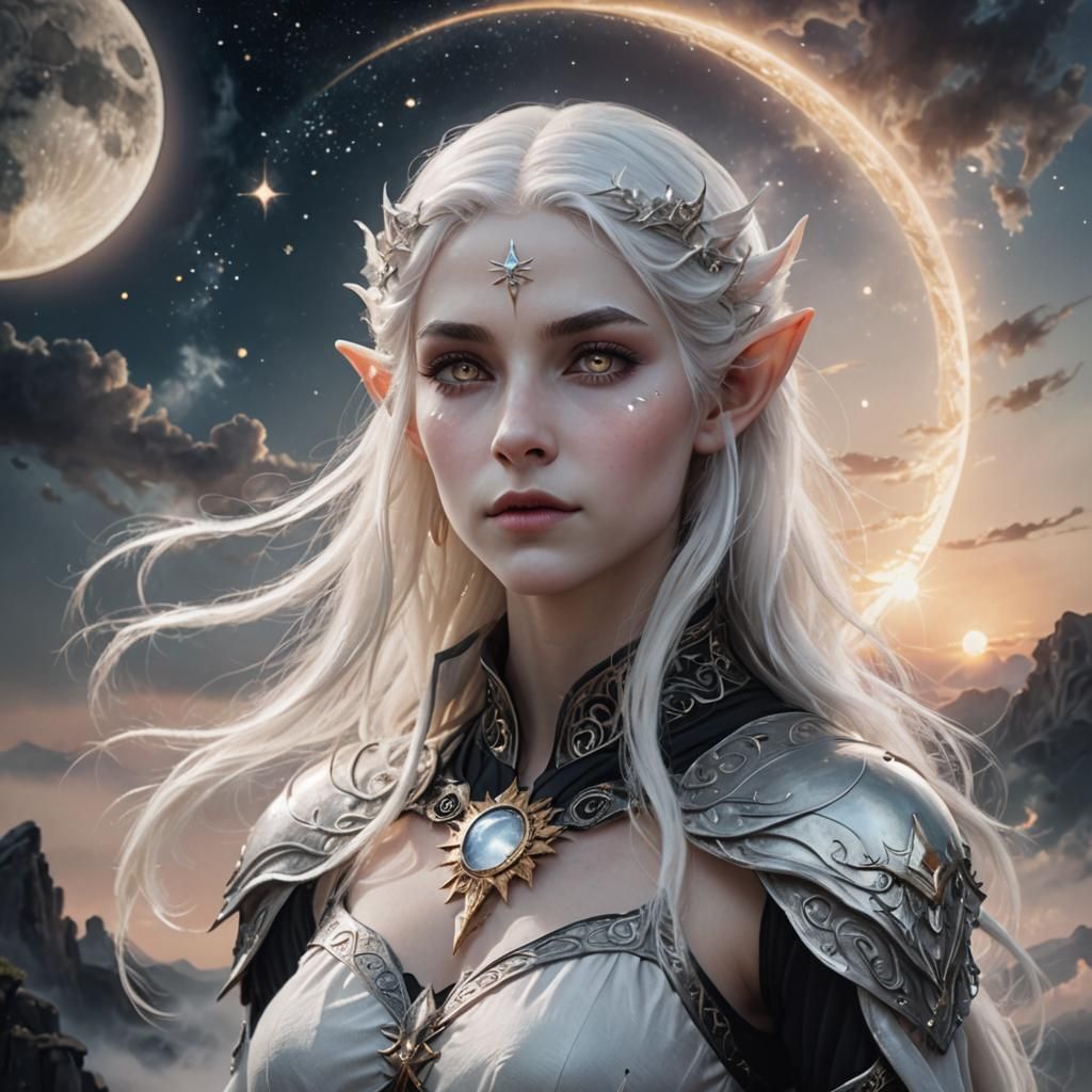 Ethereal Elf Portrait in Celestial Landscape