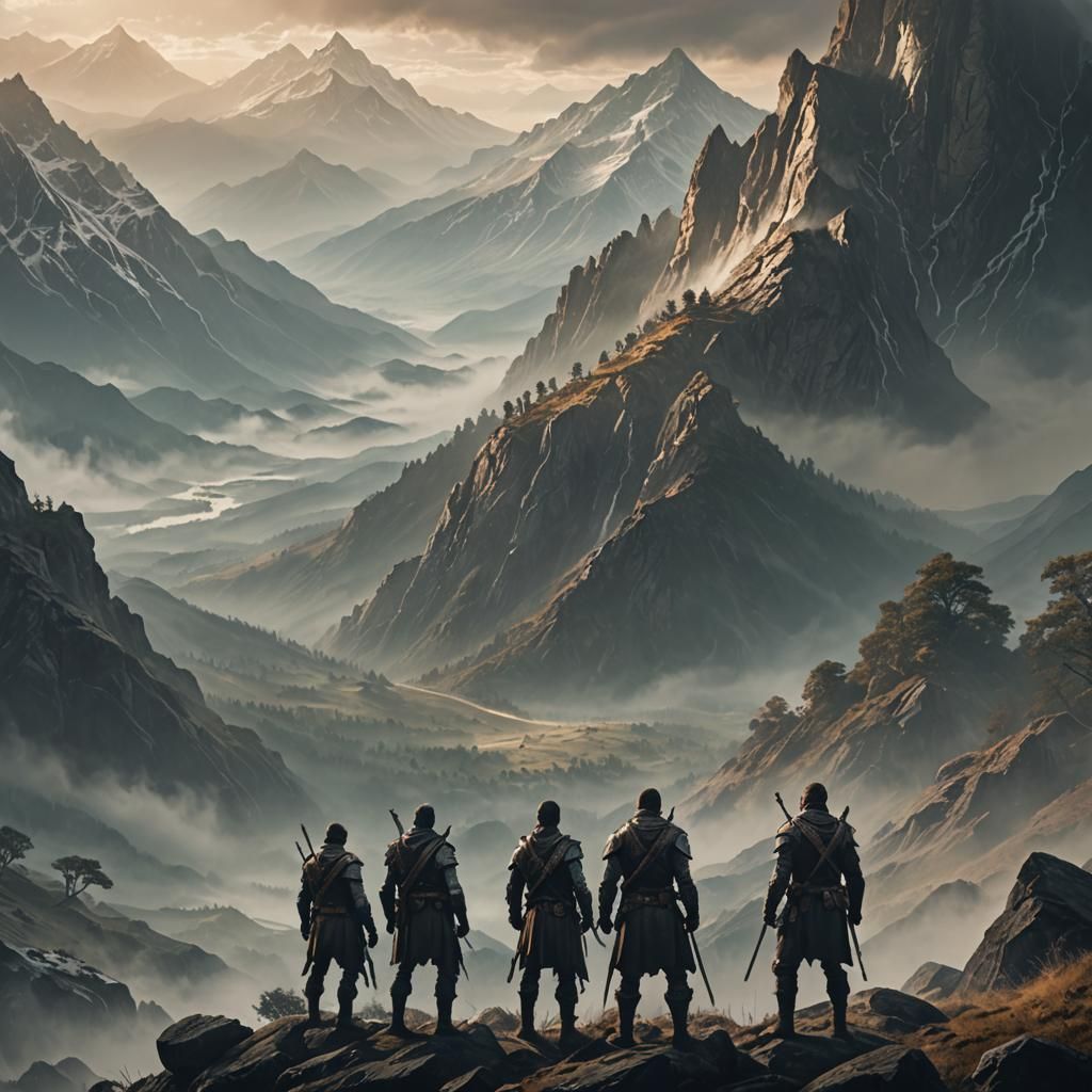 Rangers Overlook Misty Mountains in Cinematic Fantasy Art