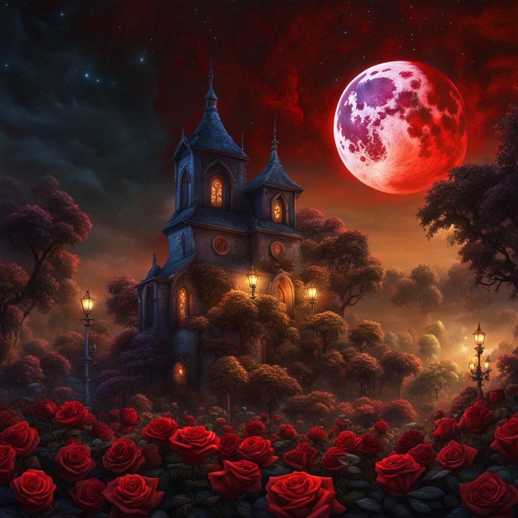 Creepy Rose Garden Under Blood Moon: Digital Illustration