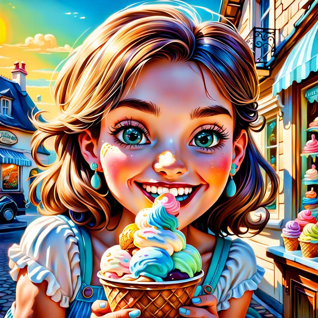 French Cottage Ice Cream Parlor with Happy Girl