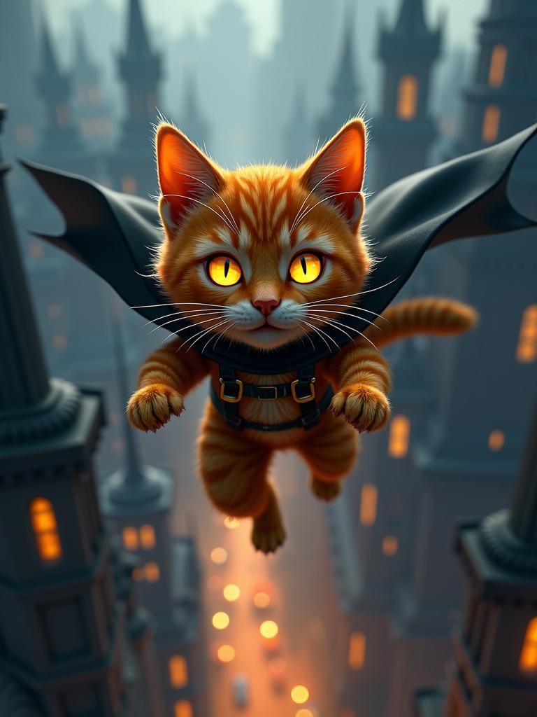 This fearless feline leaps from rooftops, a blur of orange f...