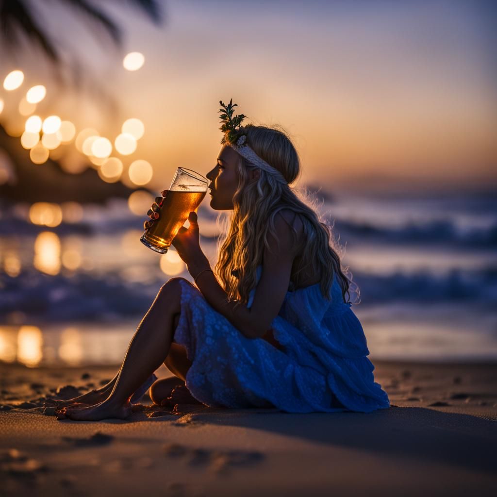 The Blue beach Fairy is seen drinking beer at a Gold Coast Queensland Beach, at night, around a fire. bokeh, photo real...
