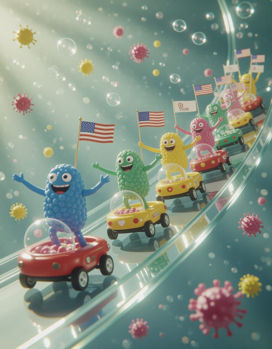 Joyful Microbe Parade in Cinematic Film Style