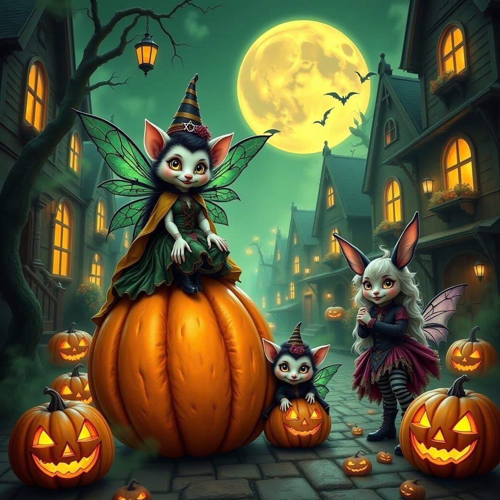 Halloween Hedgehog in Halloween Town, Whimsical Illustration