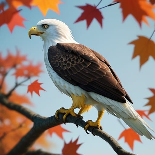 Origami Eagle Playing in Vibrant Autumn Leaves